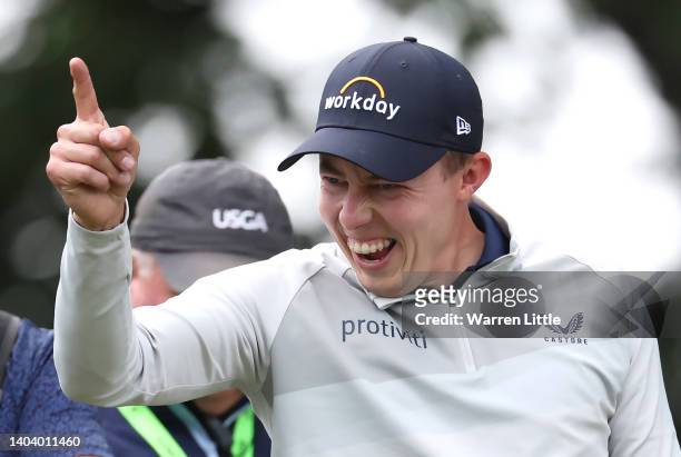 Matthew Fitzpatrick of England celebrates winning the 122nd U.S. Open Championship at The Country Club on June 19, 2022 in Brookline, Massachusetts.