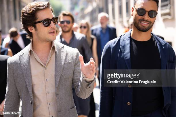 Diego Boneta and Regé-Jean Page are seen ahead of the Giorgio Armani fashion show during the Milan Fashion Week S/S 2023 on June 20, 2022 in Milan,...