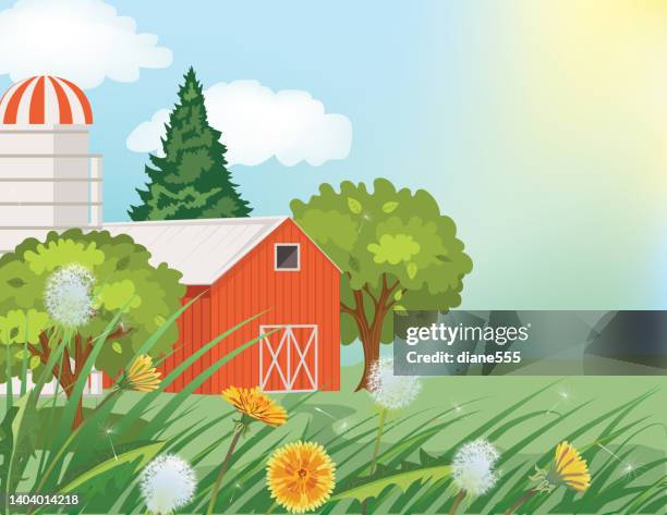 illustrations, cliparts, dessins animés et icônes de scène agricole rurale d’été avec des pissenlits à l’avant - pâturage