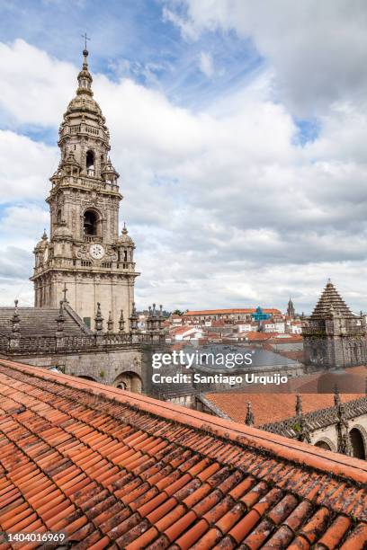 bell tower from top of roof of santiago de compostela cathedral - santiago de compostela cathedral stock pictures, royalty-free photos & images