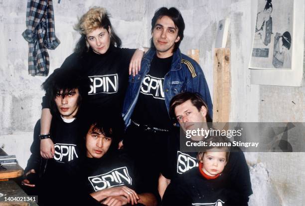 Spin Magazine tee shirt shoot with Viktor Tsoi, Yuri Kasparyan, Stingray, Boris Grebenschikov and his son, Gleb, in Grebenschikov's flat, Leningrad,...