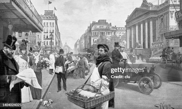 stockillustraties, clipart, cartoons en iconen met city life in brussels, boulevard anspach, one of the first cars visible - 19e eeuwse stijl