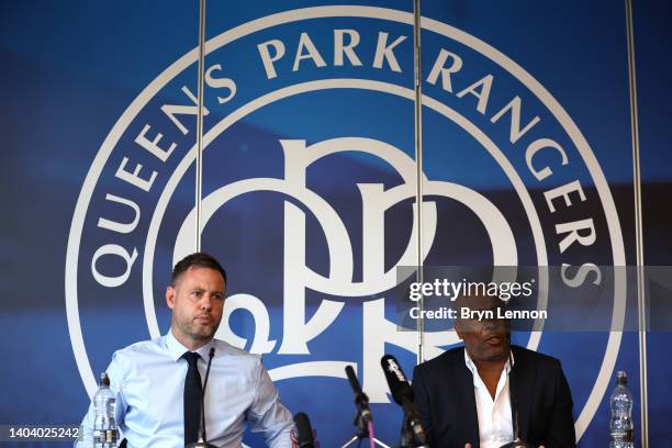 New QPR Head Coach Michael Beale and Director of Football Les Ferdinand talk to the press at the QPR Training Ground on June 20, 2022 in Hounslow,...