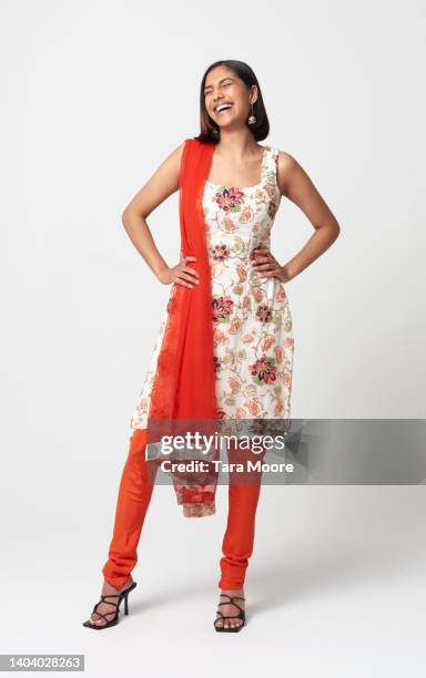 young woman wearing colourful kurta laughing - tunic bildbanksfoton och bilder