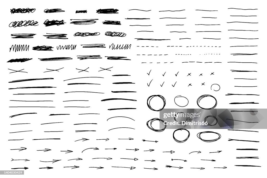 Coleção de linhas, x marcas, traços sublinhados, rabiscos e flechas.