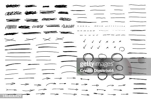 Black pen hand drawn collection of lines, x marks, underline strokes, doodles and arrows. Black pen hand drawn collection of lines, x marks, underline strokes, doodles and arrows.