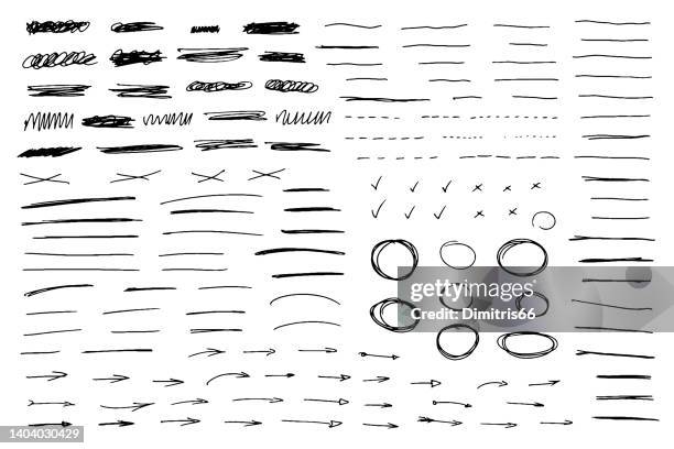 black pen hand drawn collection of lines, x marks, underline strokes, doodles and arrows. - drawing activity stock illustrations