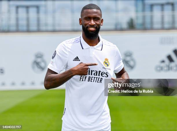 Antonio Rüdiger of Real Madrid poses during his official presentation at Valdebebas training ground on June 20, 2022 in Madrid, Spain.