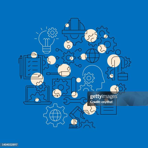 engineering related design element. pattern design with outline icons. colorful vector illustration - quality control science stock illustrations