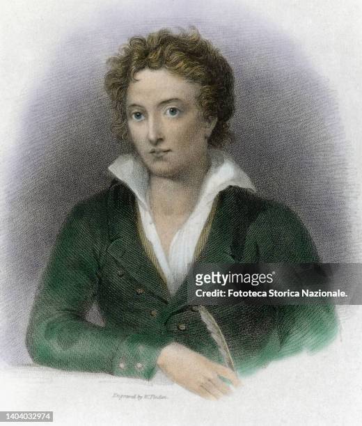 Portrait of the English romantic poet Percy Bysshe Shelley , engraving by William Finden from a painting by Thomas Lawrence. United Kingdom, approx....