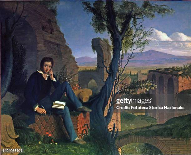Painting portrait of the poet Percy Bysshe Shelley at the Baths of Caracalla, depicted writing the 'Prometheus liberated' in a posthumous picture by...