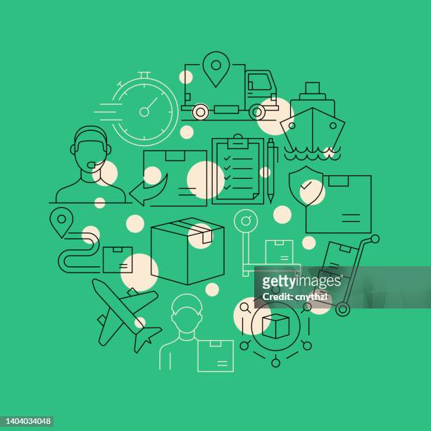stockillustraties, clipart, cartoons en iconen met delivery and logistics related design element. pattern design with outline icons. colorful vector illustration - verzenden
