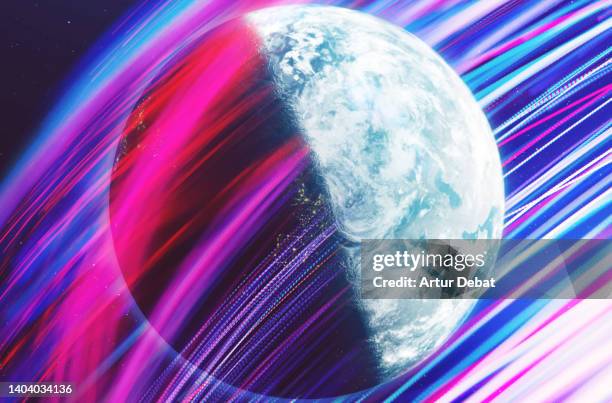 planet earth from outer space global connected with motion light trails. - world social media day stock pictures, royalty-free photos & images