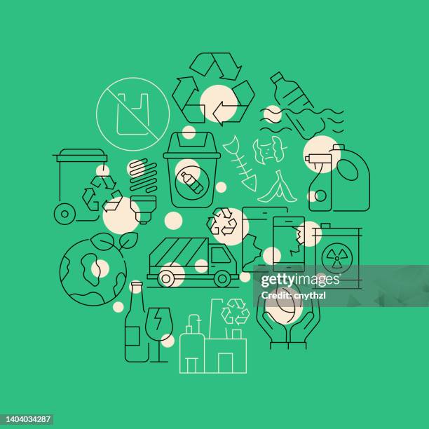 recycling and waste related design element. pattern design with outline icons. colorful vector illustration - garbage dump stock illustrations