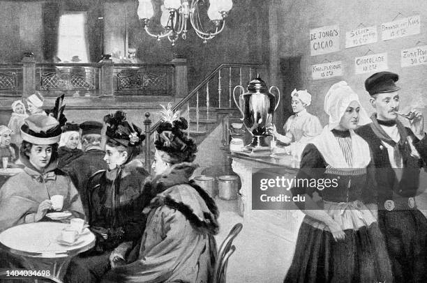 café in amsterdam, people enjoying leisure time - amsterdam cafe stock illustrations