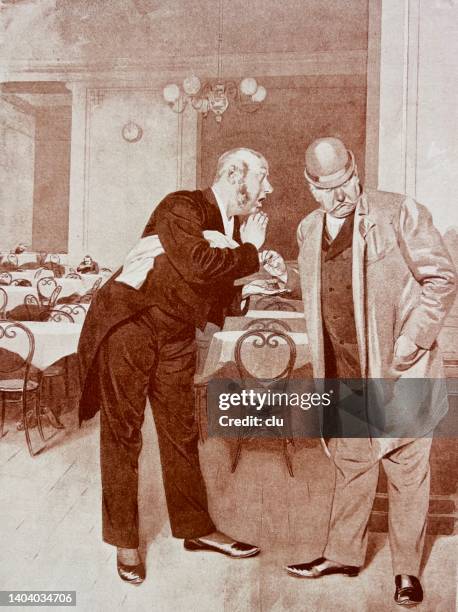 man gets bad news from the waiter: unfortunately no space available - ask for id stock illustrations