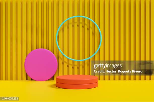 3d rendering yellow,red,grenn and purple exhibition background with geometry - purple room stock pictures, royalty-free photos & images