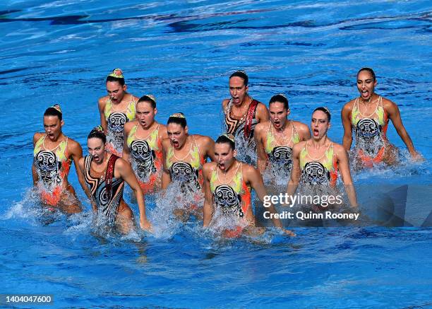 Team Greece compete in the Artistic Swimming Free Combination Final on day four of the Budapest 2022 FINA World Championships at Alfred Hajos...