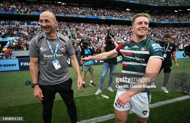 Steve Borthwick, the Leicester Tigers director of rugby, celebrates with Harry Potter after their victory during the Gallagher Premiership Rugby...