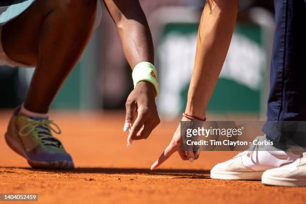 Umpire Marijana Veljovic points to the ball being in to Coco Gauff of the United States during her match against Martina Trevisan of Italy during the...