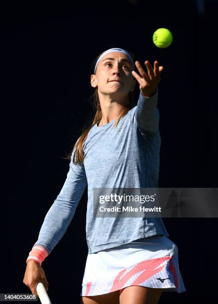 Aleksandra Krunic of Serbia serves against Ajla Tomljanovic of Australia in their Women's Singles First Round match during Day Three of Rothesay...