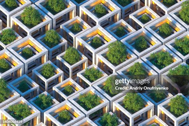 sustainable green cubic farm. - abstract cityscape stockfoto's en -beelden