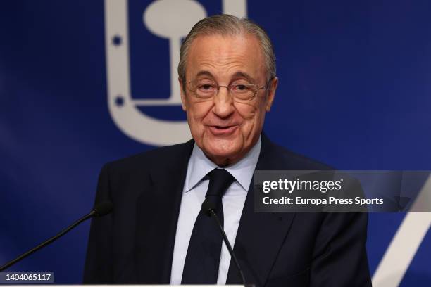 Florentino Perez, President of Real Madrid, attends during the reception ceremony for Real Madrid Baloncesto at the Madrid City Hall as champions of...