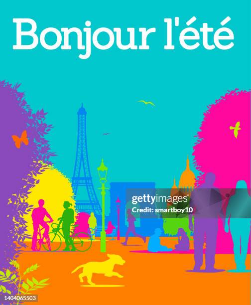 summer time (in french) - couple exercise outside stock illustrations