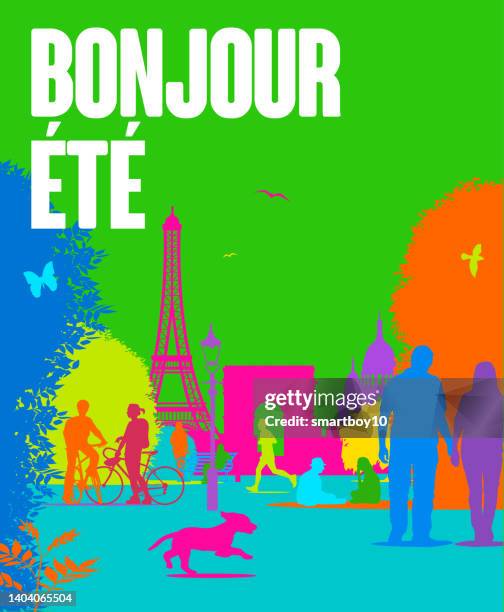 hello summer (in french) bonjour ete - couple exercise outside stock illustrations