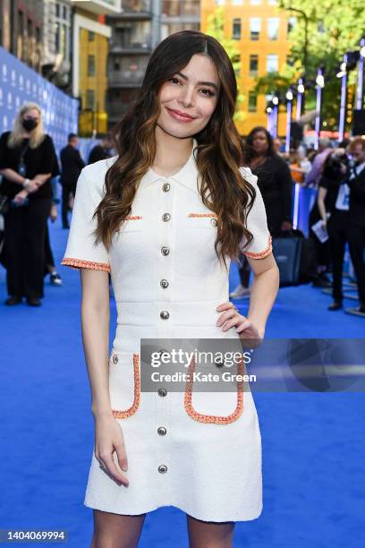 Miranda Cosgrove arrives at the Paramount+ UK launch at Outernet London on June 20, 2022 in London, England.