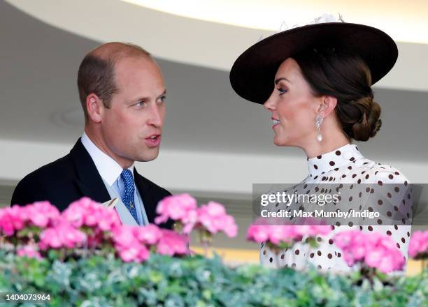 Prince William, Duke of Cambridge and Catherine, Duchess of Cambridge watch the racing from the Royal Box as they attend day 4 of Royal Ascot at...