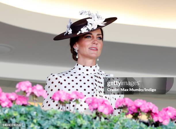 Catherine, Duchess of Cambridge watches the racing from the Royal Box as she attends day 4 of Royal Ascot at Ascot Racecourse on June 17, 2022 in...