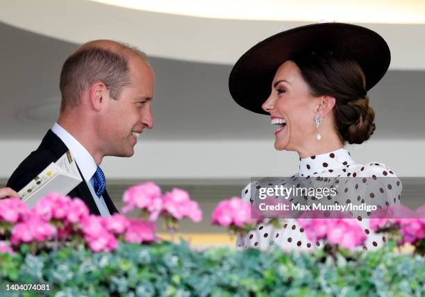 Prince William, Duke of Cambridge and Catherine, Duchess of Cambridge watch the racing from the Royal Box as they attend day 4 of Royal Ascot at...