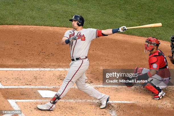 Austin Riley of the Atlanta Braves takes a swing during a baseball game against the Washington Nationals at Nationals Park on June 15, 2022 in...