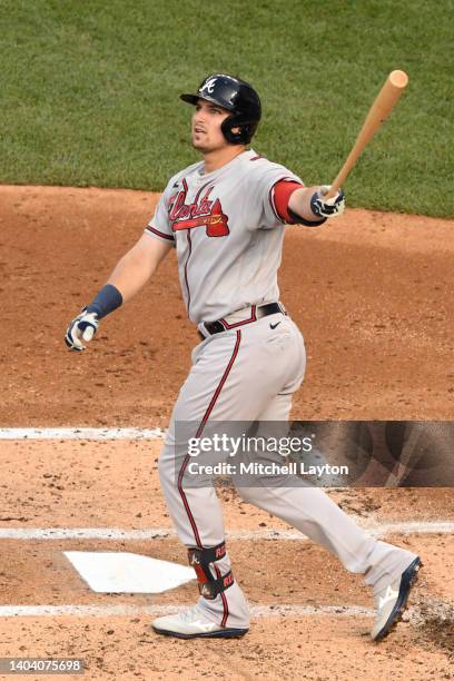 Austin Riley of the Atlanta Braves takes a swing during a baseball game against the Washington Nationals at Nationals Park on June 15, 2022 in...