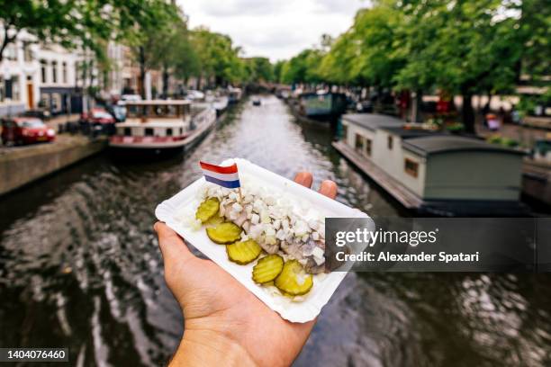 eating herring with onions and pickles in amsterdam, personal perspective view - amsterdam stock pictures, royalty-free photos & images