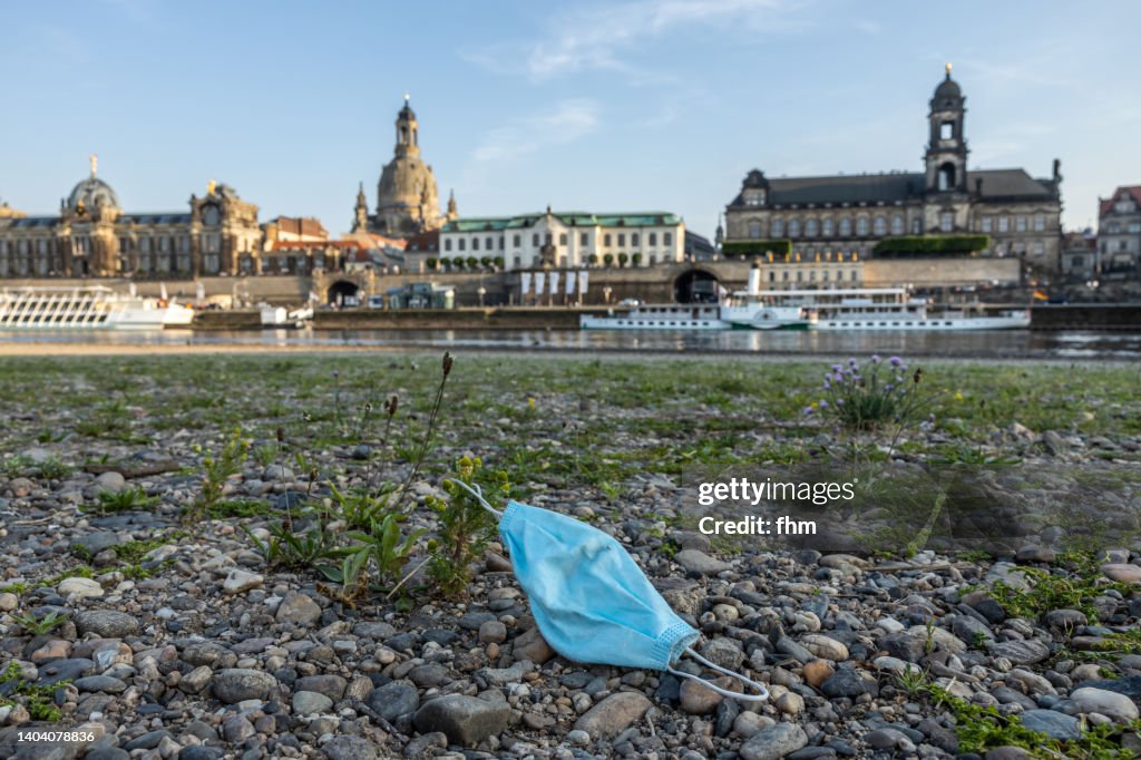 Corona mask with Dresden Skyline with Elbe River (Saxony/ Germany)