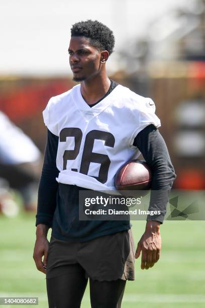 Greedy Williams of the Cleveland Browns looks on during the Cleveland Browns mandatory minicamp at FirstEnergy Stadium on June 16, 2022 in Cleveland,...