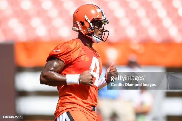 Deshaun Watson of the Cleveland Browns runs a drill during the Cleveland Browns mandatory minicamp at FirstEnergy Stadium on June 16, 2022 in...