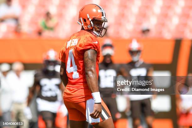 Deshaun Watson of the Cleveland Browns looks on during the Cleveland Browns mandatory minicamp at FirstEnergy Stadium on June 16, 2022 in Cleveland,...