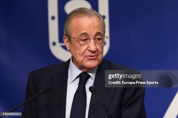 Florentino Perez, President of Real Madrid, attends during the reception ceremony for Real Madrid Baloncesto at the Madrid City Hall as champions of...