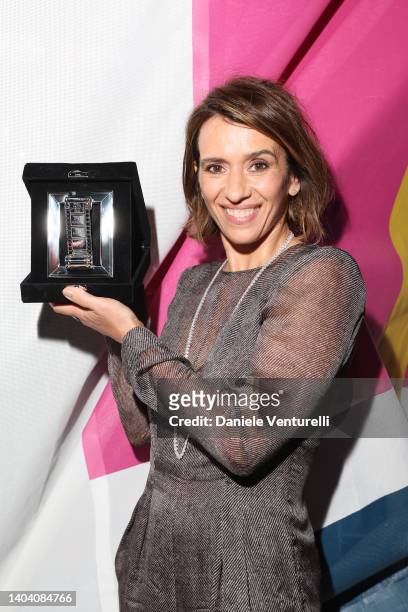 Teresa Saponangelo poses with her Best Actress Award for "The Hand of God" at the 76th Nastri D'Argento 2022 on June 20, 2022 in Rome, Italy.