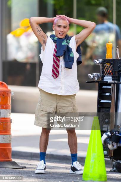 Evan Mock is seen filming "Gossip Girl" in SoHo on June 20, 2022 in New York City.