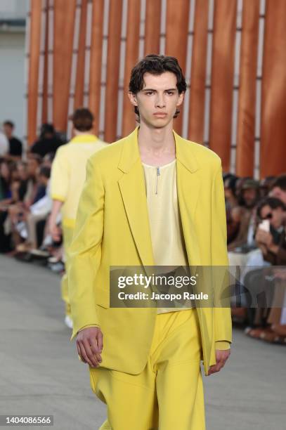 Model walks the runway at the Zegna fashion show during the Milan Fashion Week S/S 2023 on June 20, 2022 in Milan, Italy.