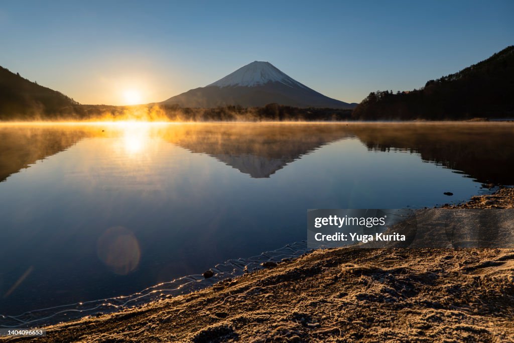 Mt. Fuji and Sunrise Reflected in Lake Shoji around the New Year's Day