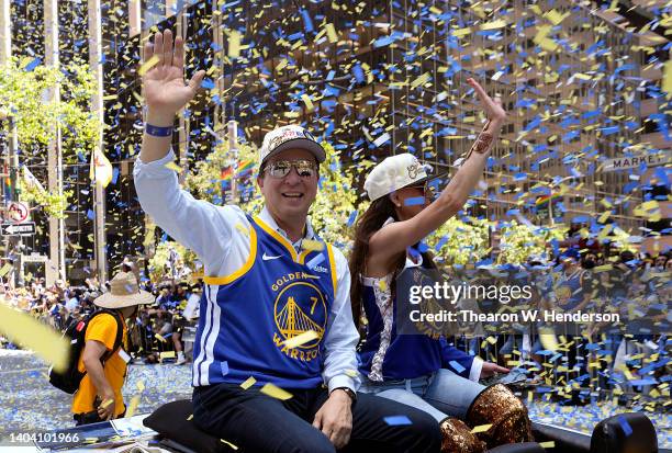 Owner Joe Lacob of the Golden State Warriors waves to fans during the Golden State Warriors Victory Parade on June 20, 2022 in San Francisco,...