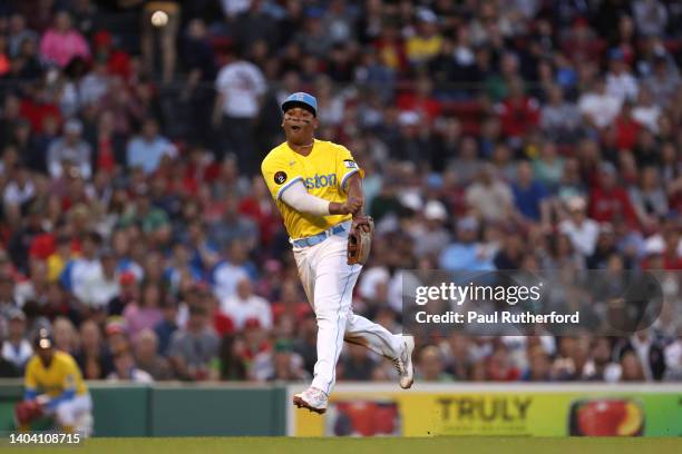 Rafael Devers of the Boston Red Sox throws to first during the fourth inning against the Detroit Tigers at Fenway Park on June 20, 2022 in Boston,...