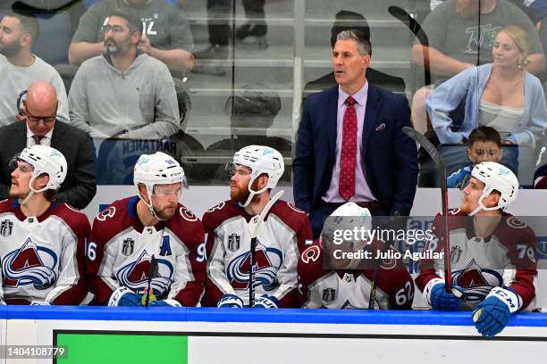 Head Coach Jared Bednar of the Colorado Avalanche looks on during the first period against the Tampa Bay Lightning in Game Three of the 2022 NHL...