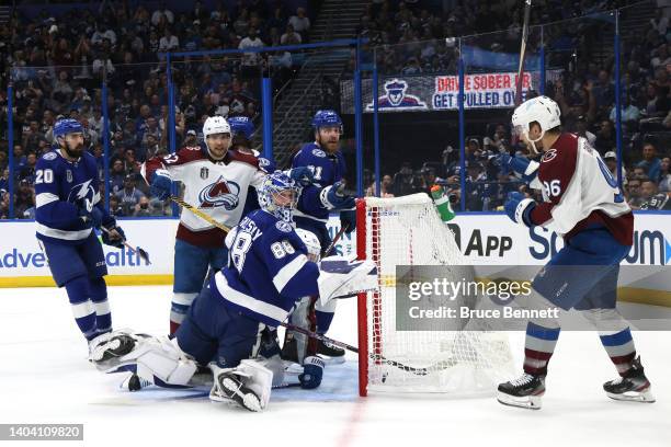 Gabriel Landeskog of the Colorado Avalanche scores a goal against Andrei Vasilevskiy of the Tampa Bay Lightning during the first period in Game Three...