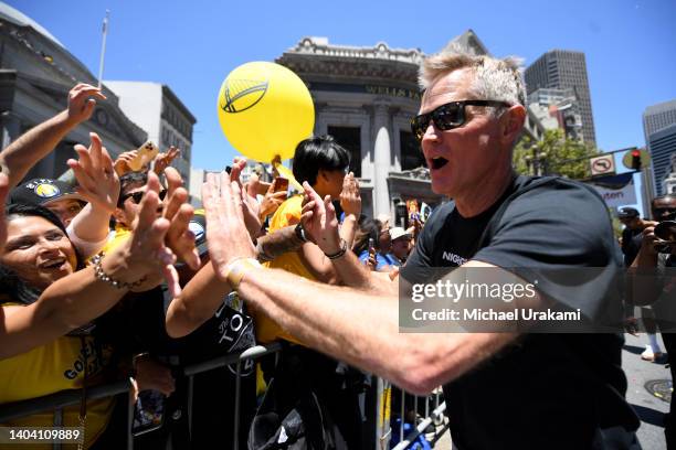 Head Coach Steve Kerr of the Golden State Warriors greets fans during the Victory Parade & Rally on June 20, 2022 in San Francisco, California. The...